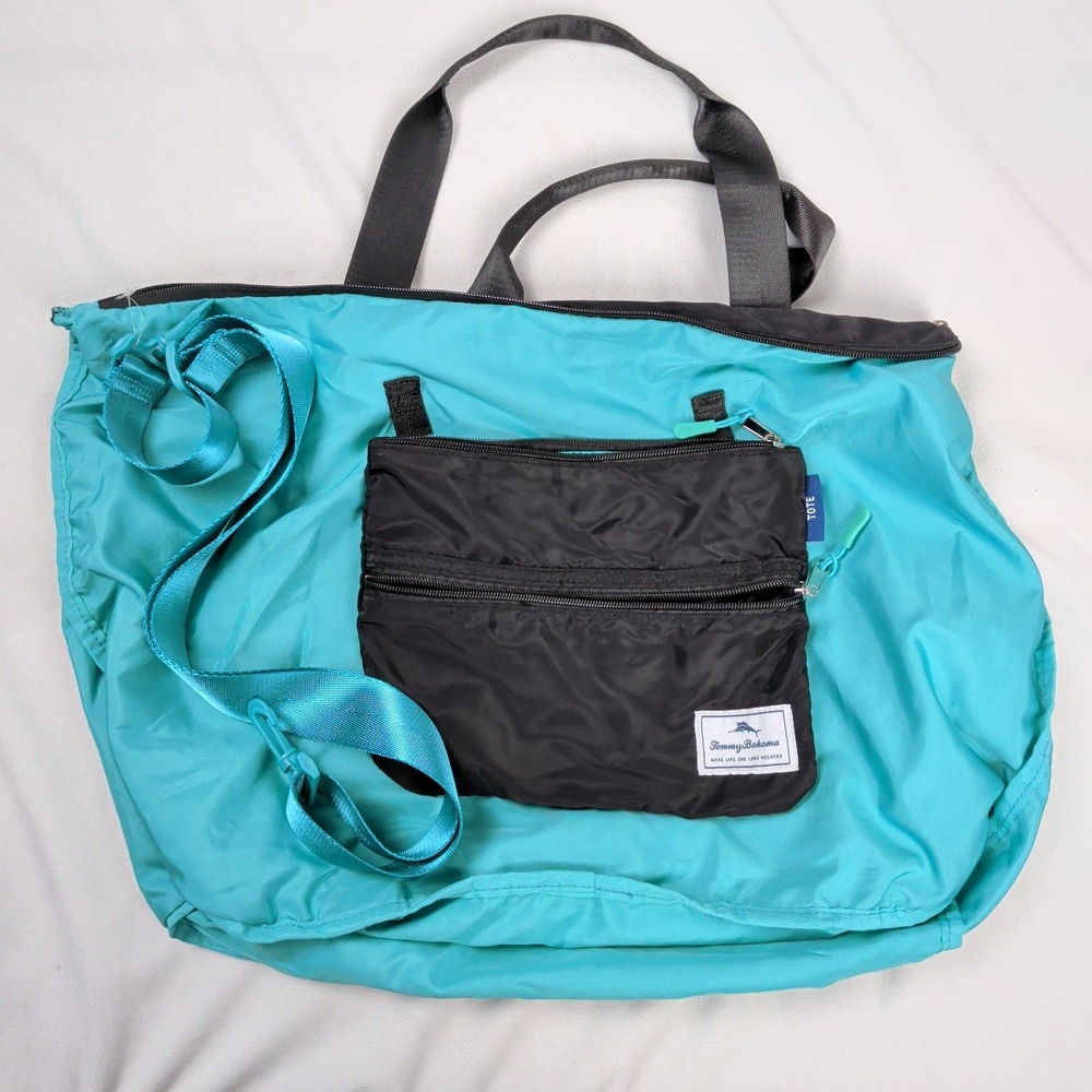 Tommy Bahama Black Packable Tote Bag Teal Interior Removable Pouch Travel - Picture 6 of 8